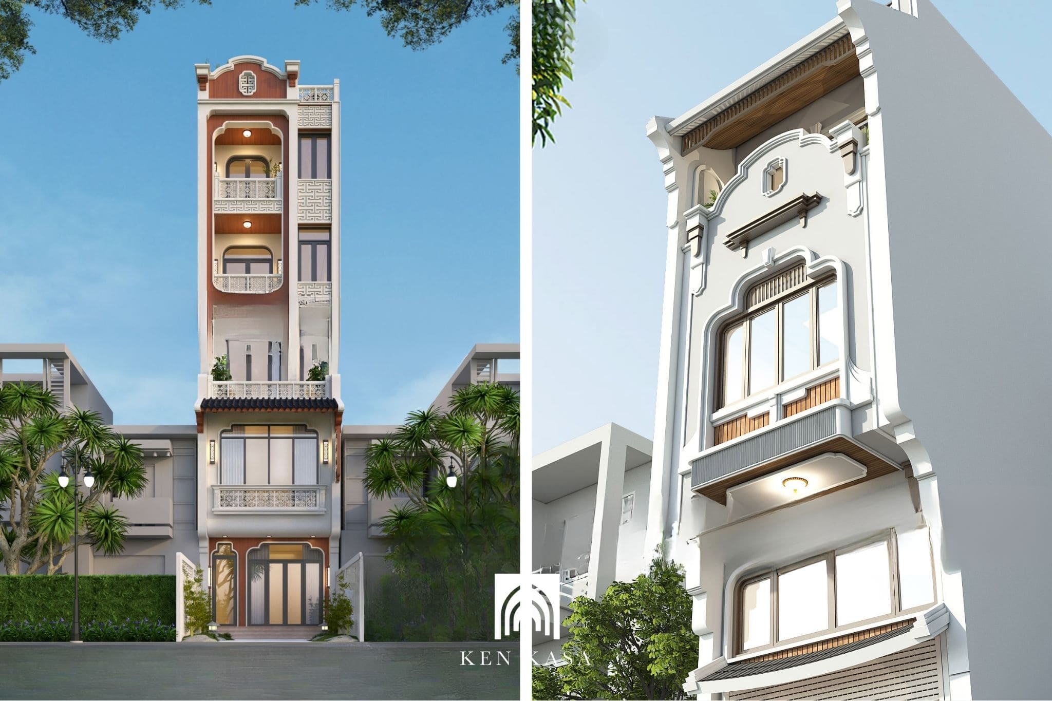 Mẫu thiết kế mặt tiền kh&aacute;ch sạn mini phong c&aacute;ch Indochine